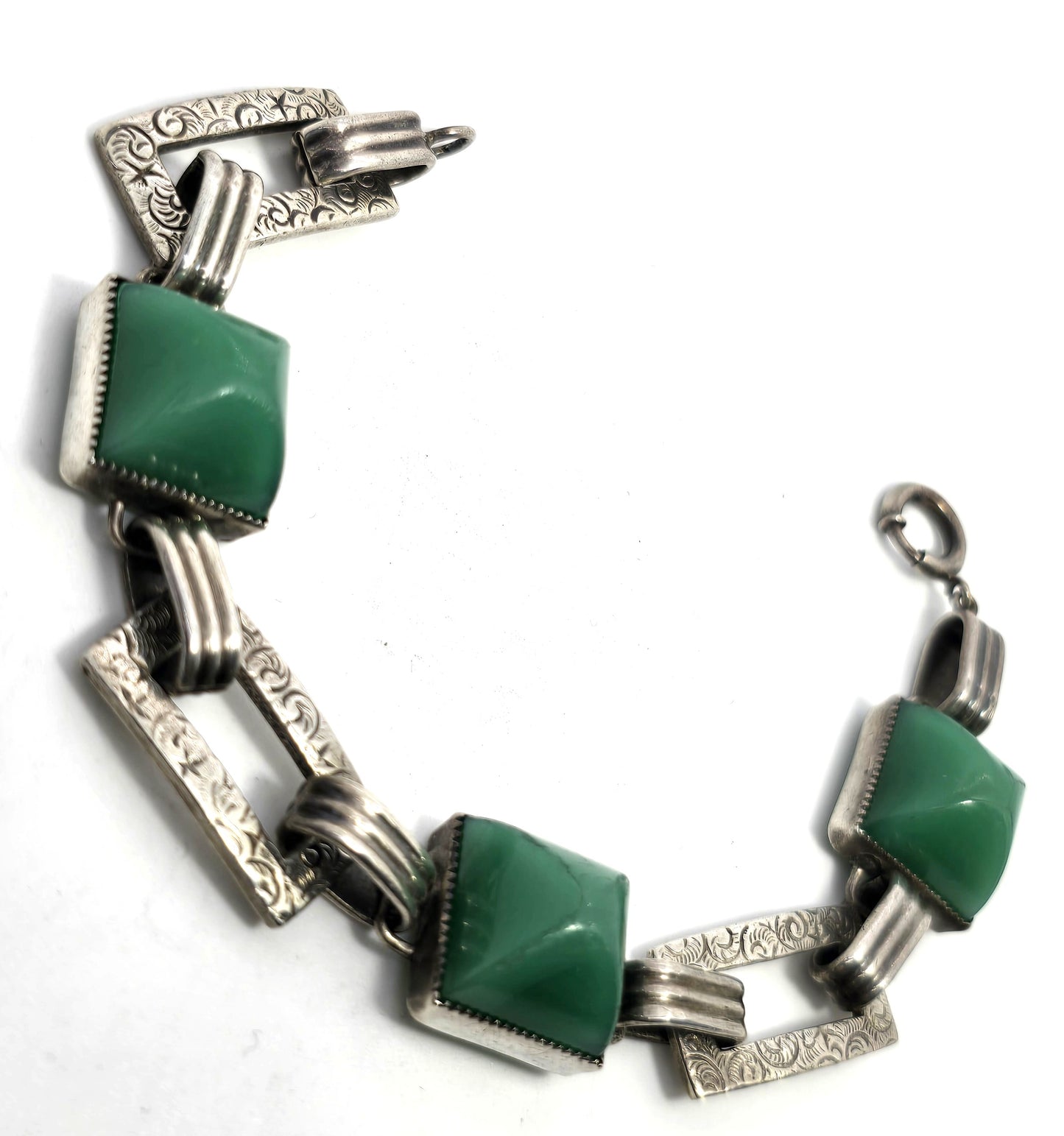 Antique Green onyx Art Deco embossed link sterling silver 6.5 inch bracelet
