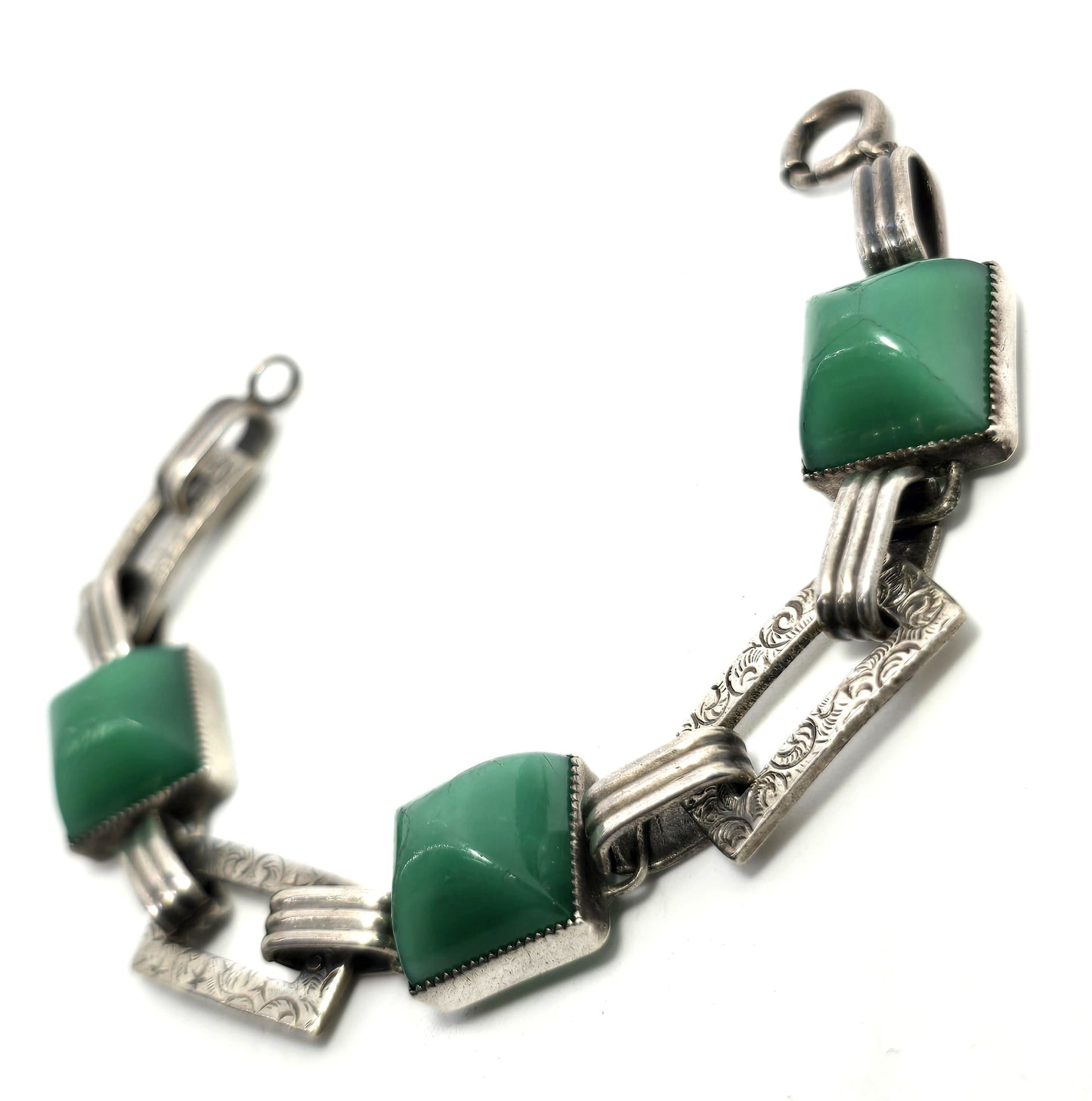 Antique Green onyx Art Deco embossed link sterling silver 6.5 inch bracelet