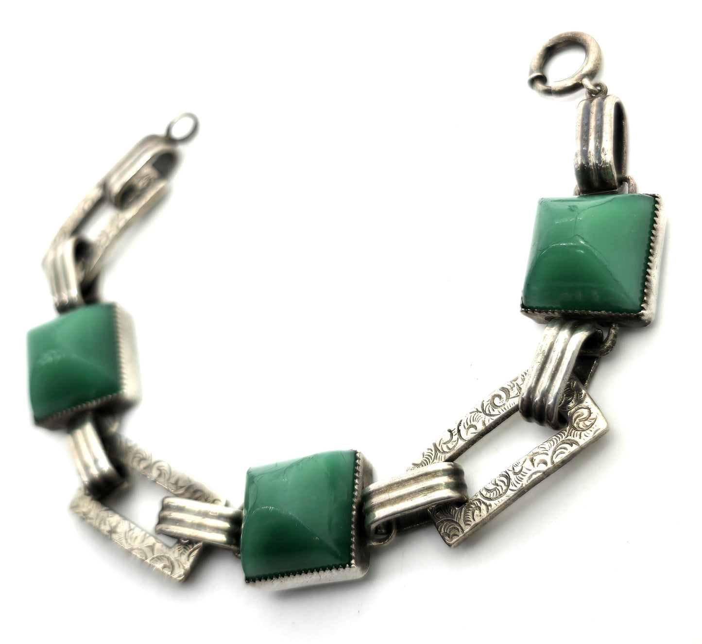 Antique Green onyx Art Deco embossed link sterling silver 6.5 inch bracelet