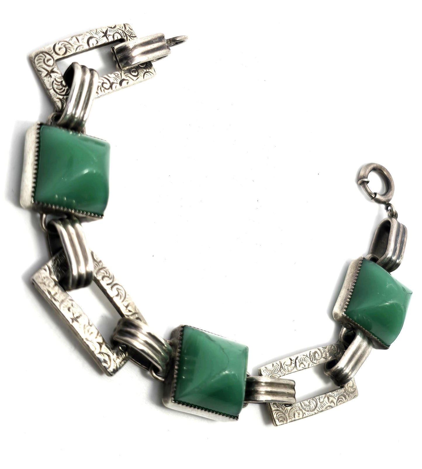Antique Green onyx Art Deco embossed link sterling silver 6.5 inch bracelet