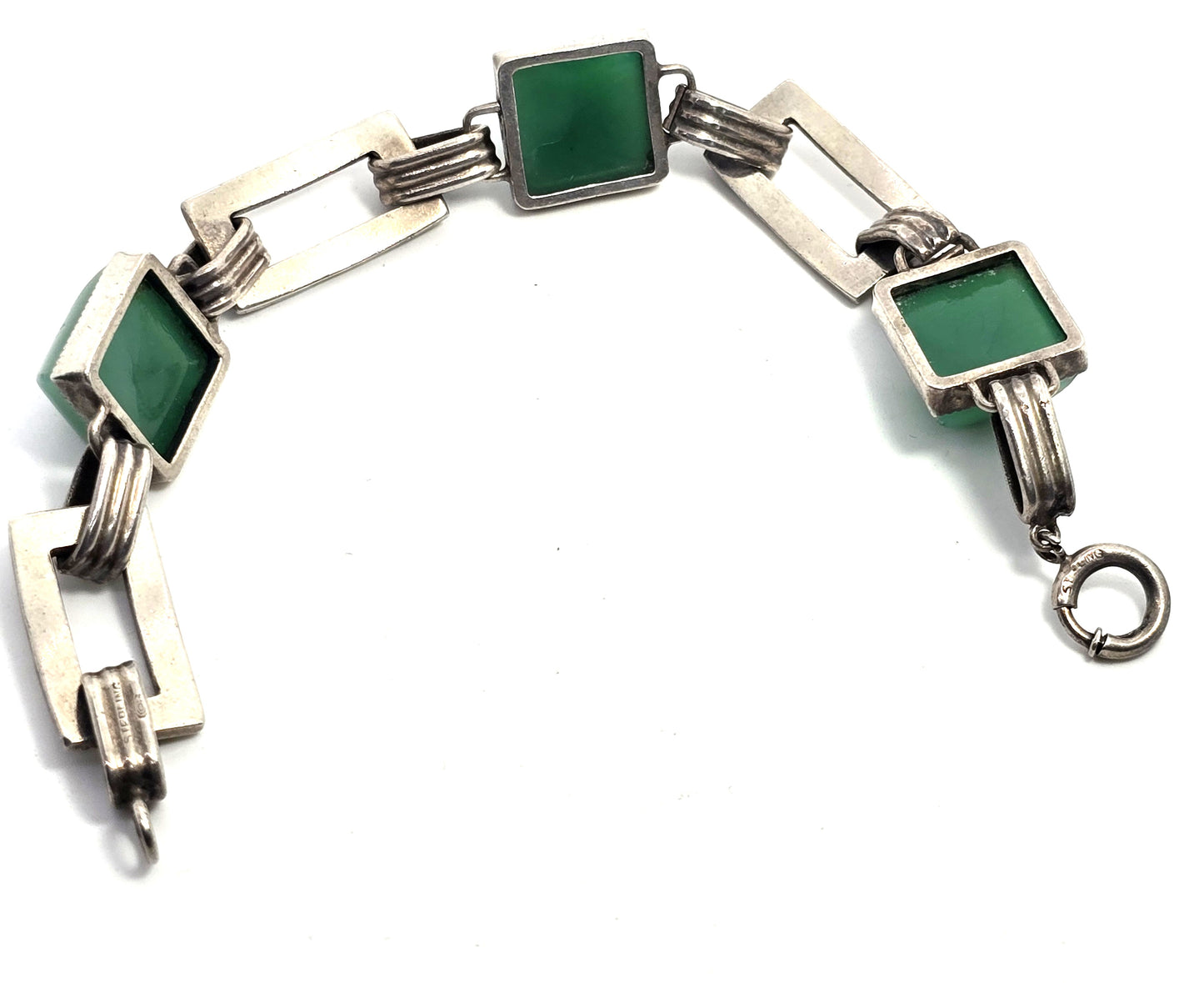 Antique Green onyx Art Deco embossed link sterling silver 6.5 inch bracelet