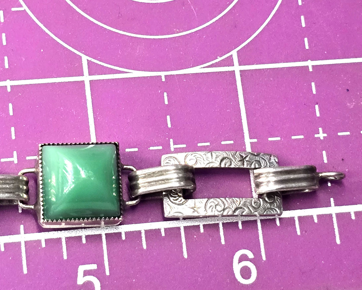 Antique Green onyx Art Deco embossed link sterling silver 6.5 inch bracelet