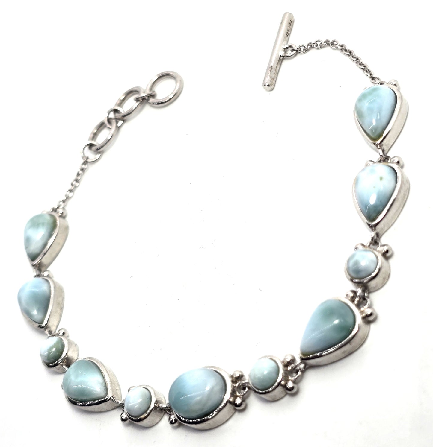 Larimar Dominican Republic blue gemstone BBJ sterling silver 8 inch toggle bracelet