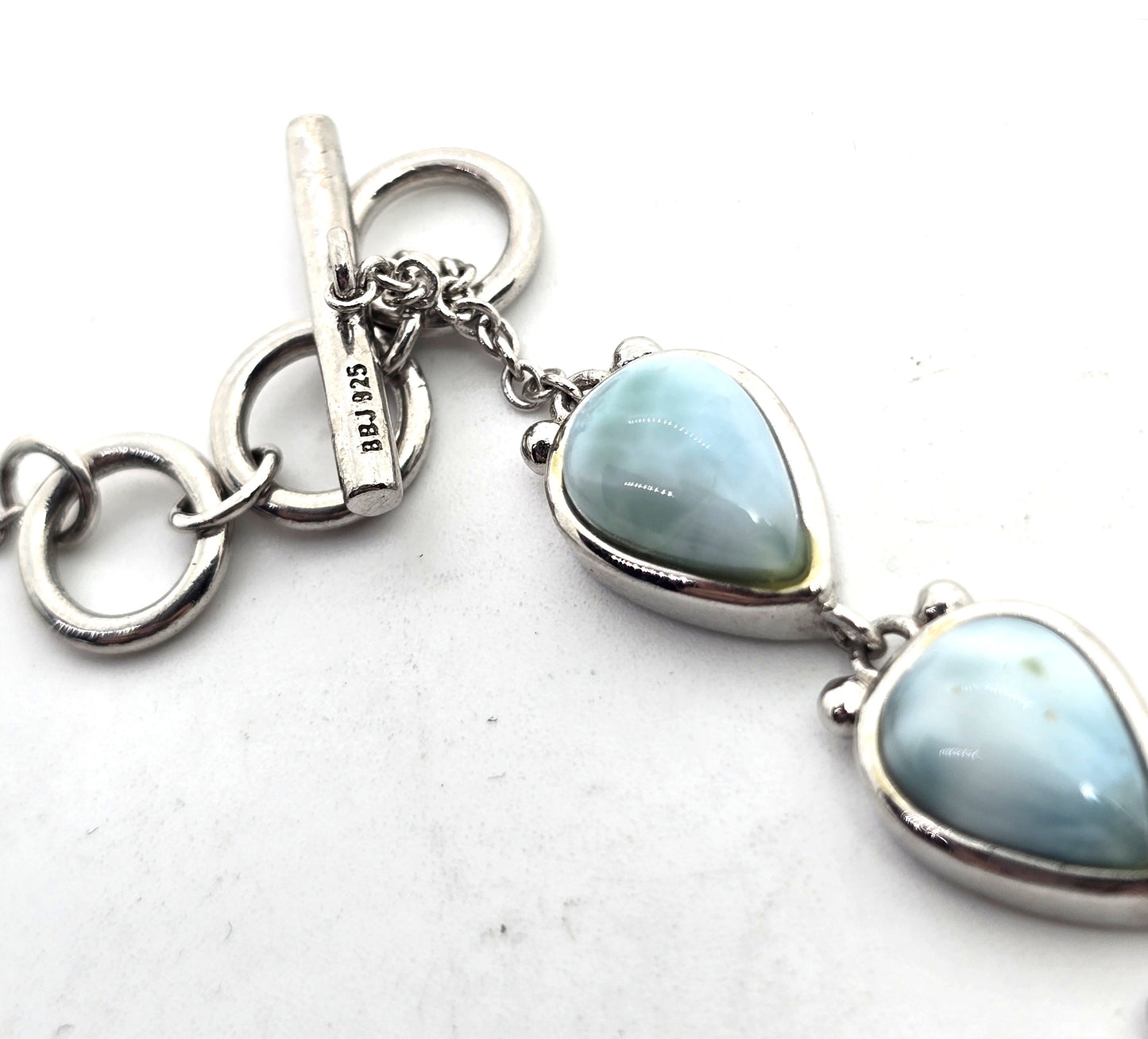 Larimar Dominican Republic blue gemstone BBJ sterling silver 8 inch toggle bracelet