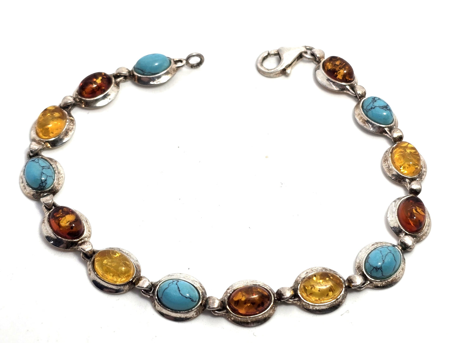 Orange and yellow Amber blue howlite sterling silver tennis bracelet