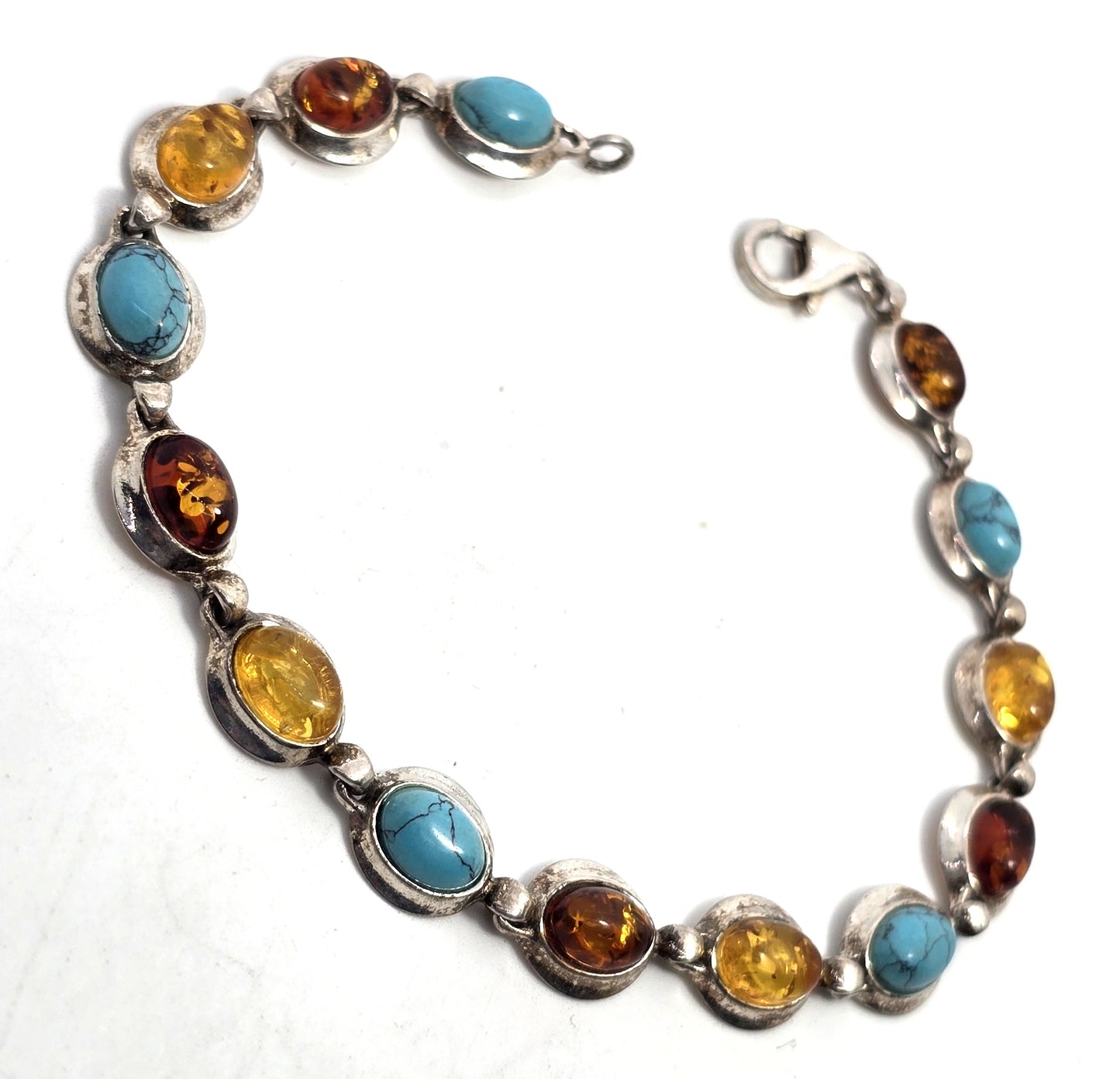 Orange and yellow Amber blue howlite sterling silver tennis bracelet