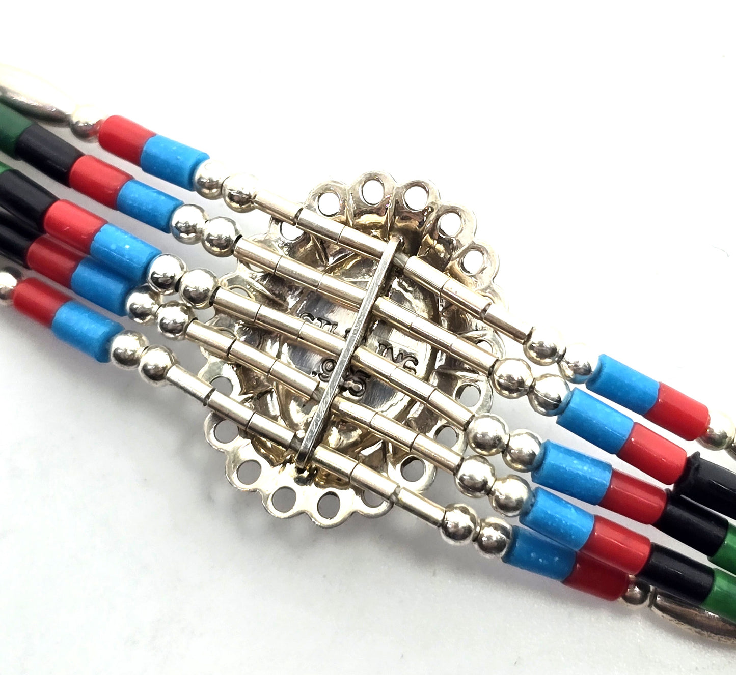 Liquid silver inlay multi stone Heishi bead sterling silver concho vintage bracelet