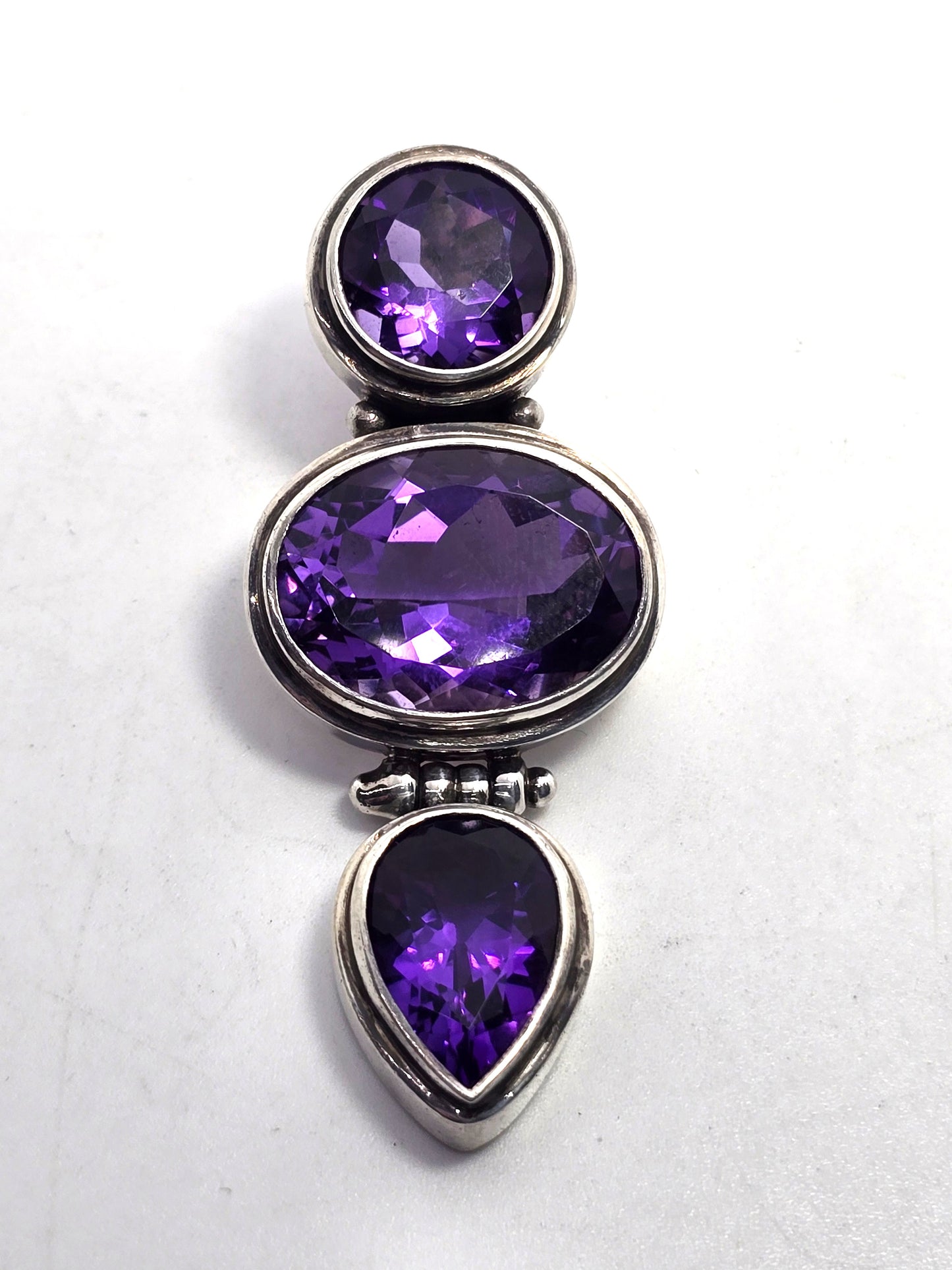 Amethyst Triple stone pear cut large &nbsp;sterling silver pendant enhancer.