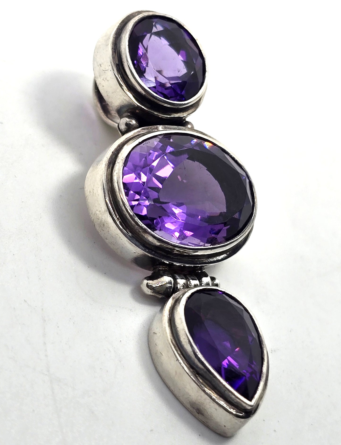 Amethyst Triple stone pear cut large &nbsp;sterling silver pendant enhancer.