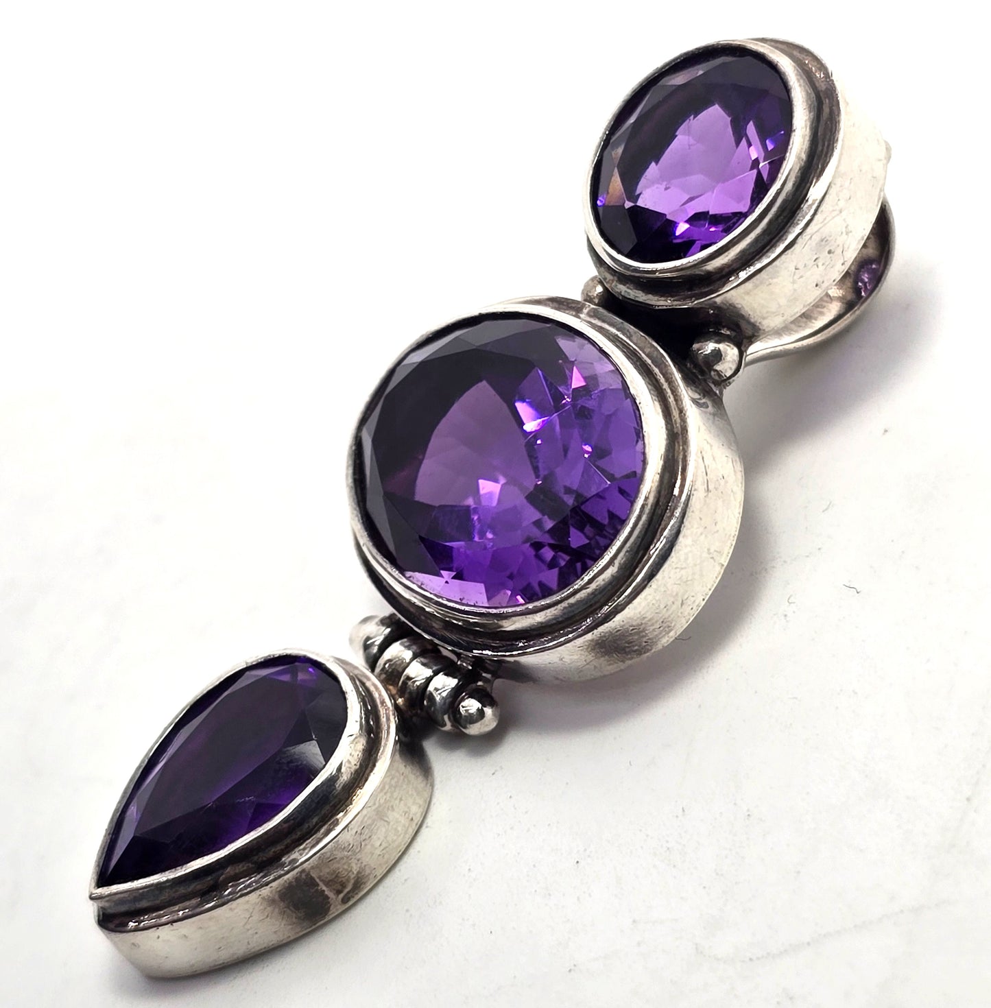 Amethyst Triple stone pear cut large &nbsp;sterling silver pendant enhancer.
