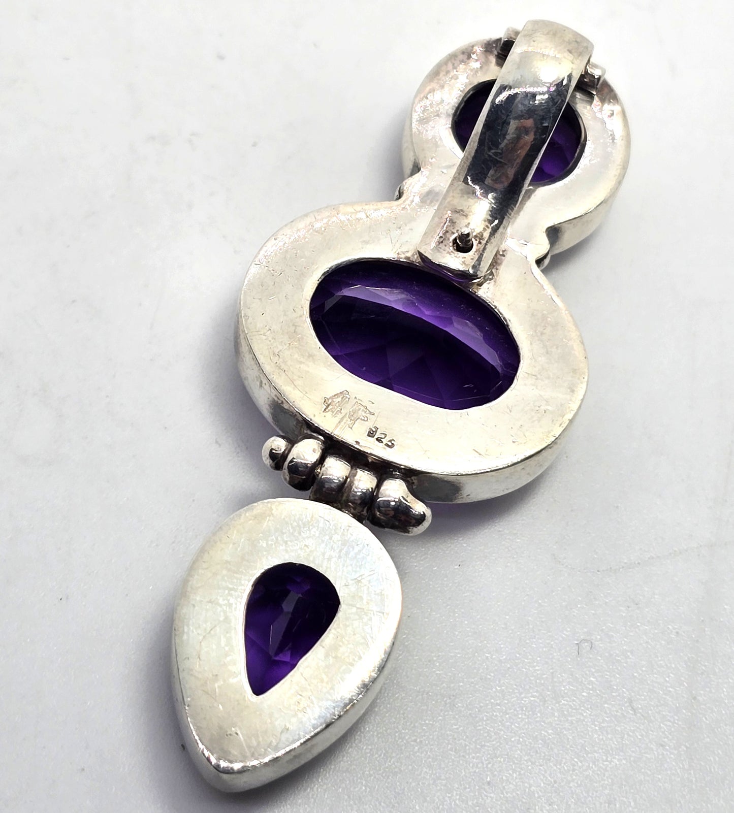 Amethyst Triple stone pear cut large &nbsp;sterling silver pendant enhancer.