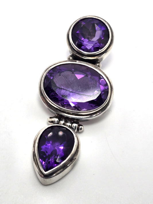 Amethyst Triple stone pear cut large &nbsp;sterling silver pendant enhancer.