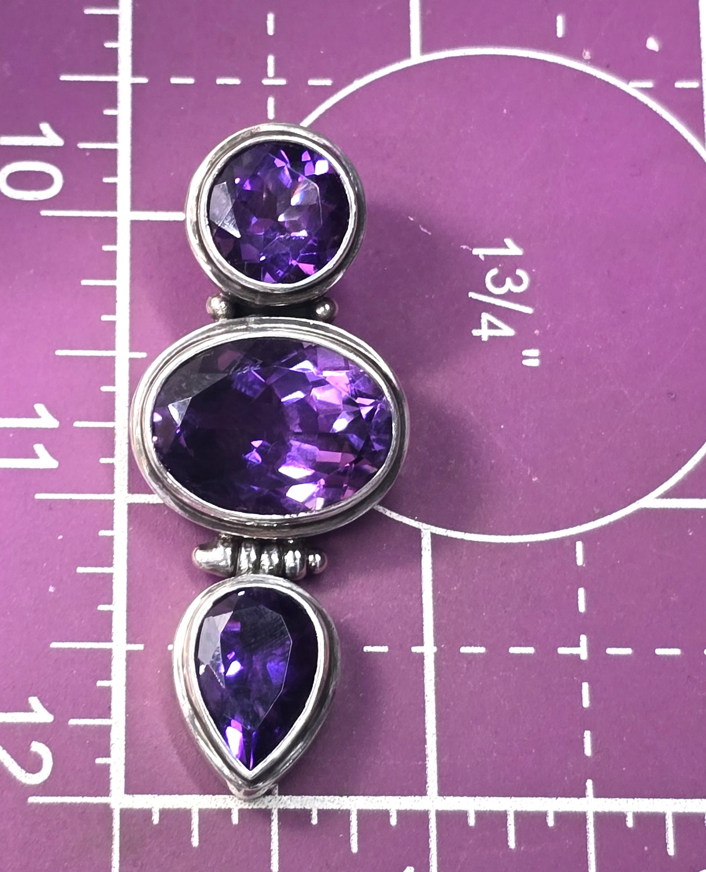 Amethyst Triple stone pear cut large &nbsp;sterling silver pendant enhancer.