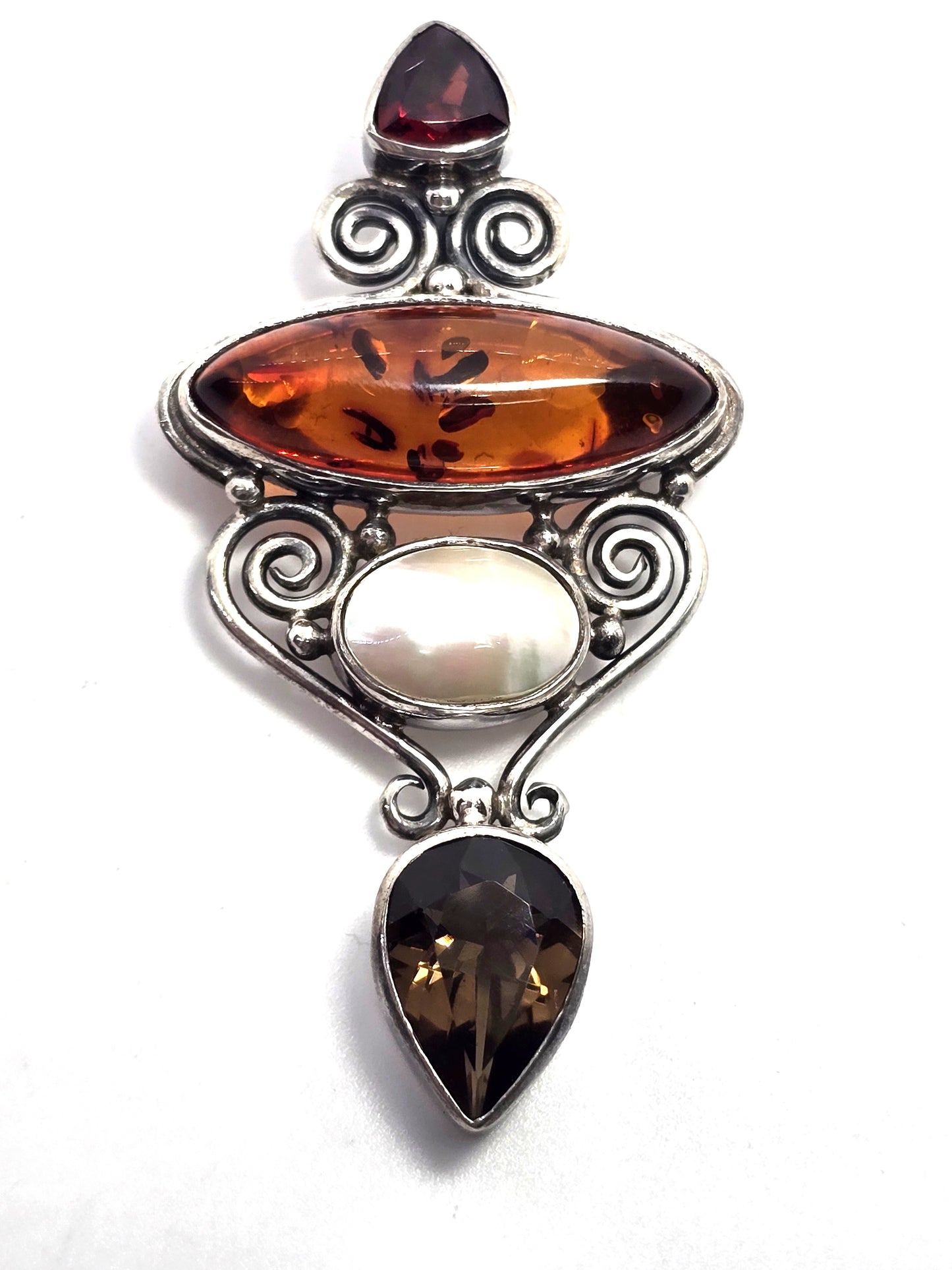 Sajen Smoky Quartz Amber Pearl garnet sterling silver vintage pendant brooch