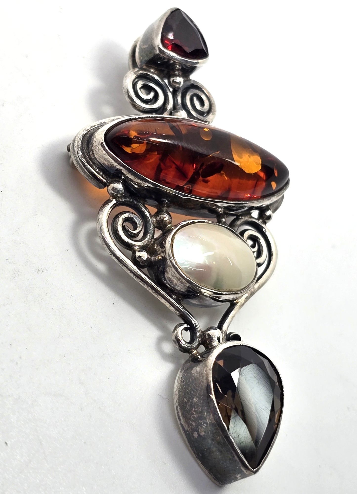 Sajen Smoky Quartz Amber Pearl garnet sterling silver vintage pendant brooch