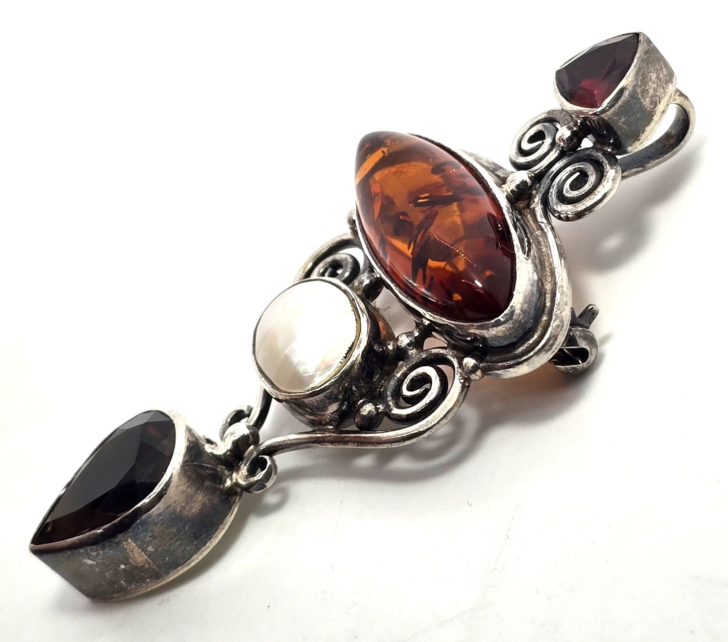 Sajen Smoky Quartz Amber Pearl garnet sterling silver vintage pendant brooch