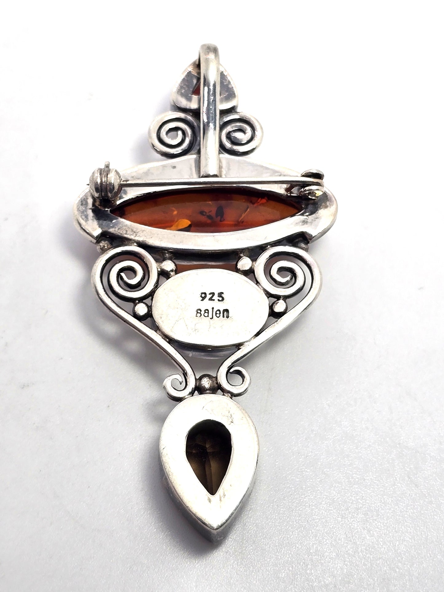 Sajen Smoky Quartz Amber Pearl garnet sterling silver vintage pendant brooch