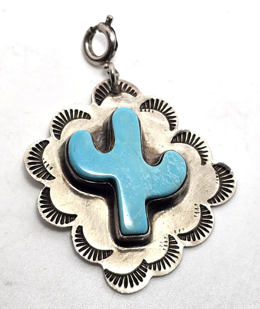 VY WWS Walter Stone & Veronica Yellowhorse Sterling Turquoise Cactus Pendant charm