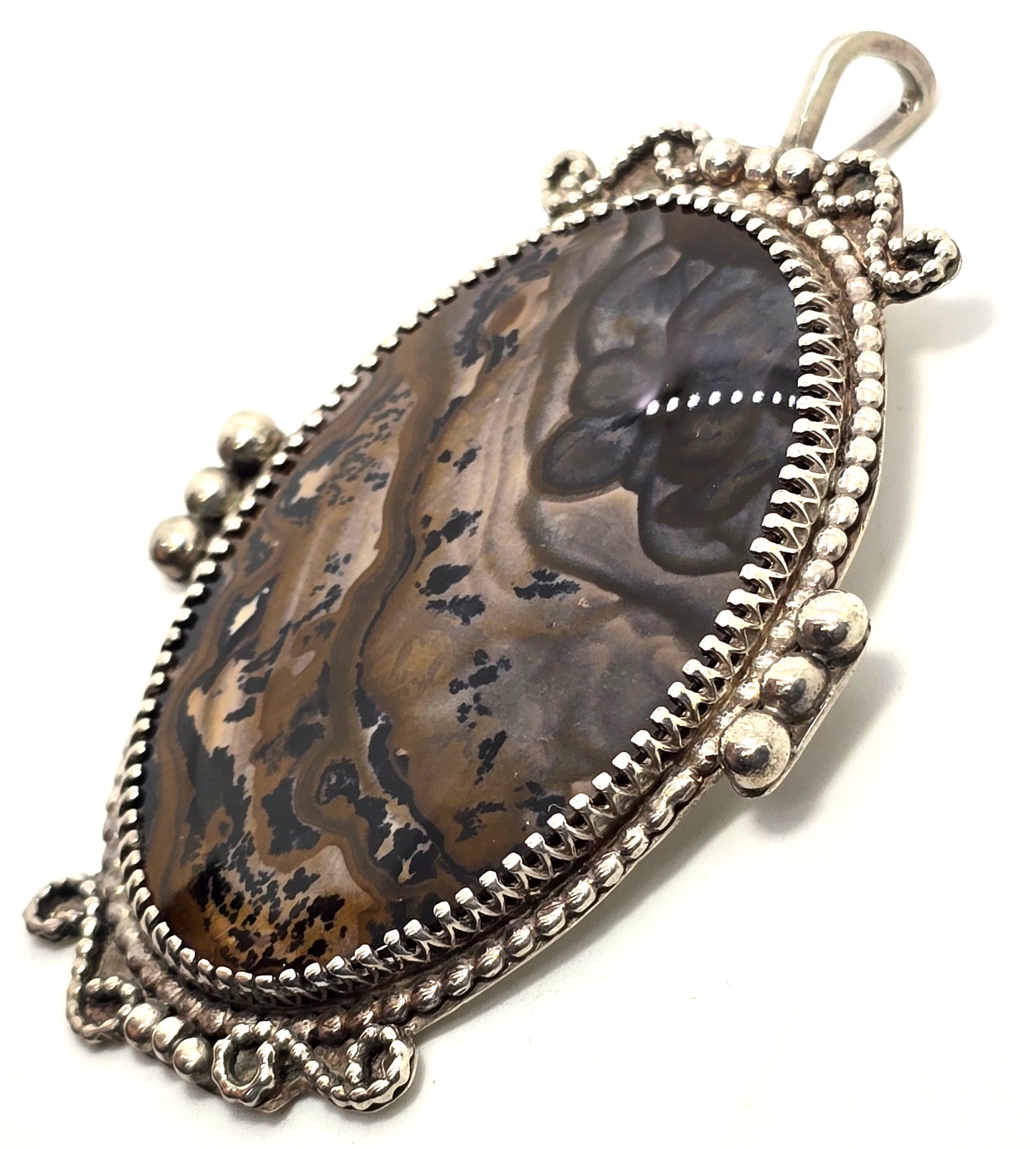 Native American artisan vintage large brown Agate sterling silver pendant