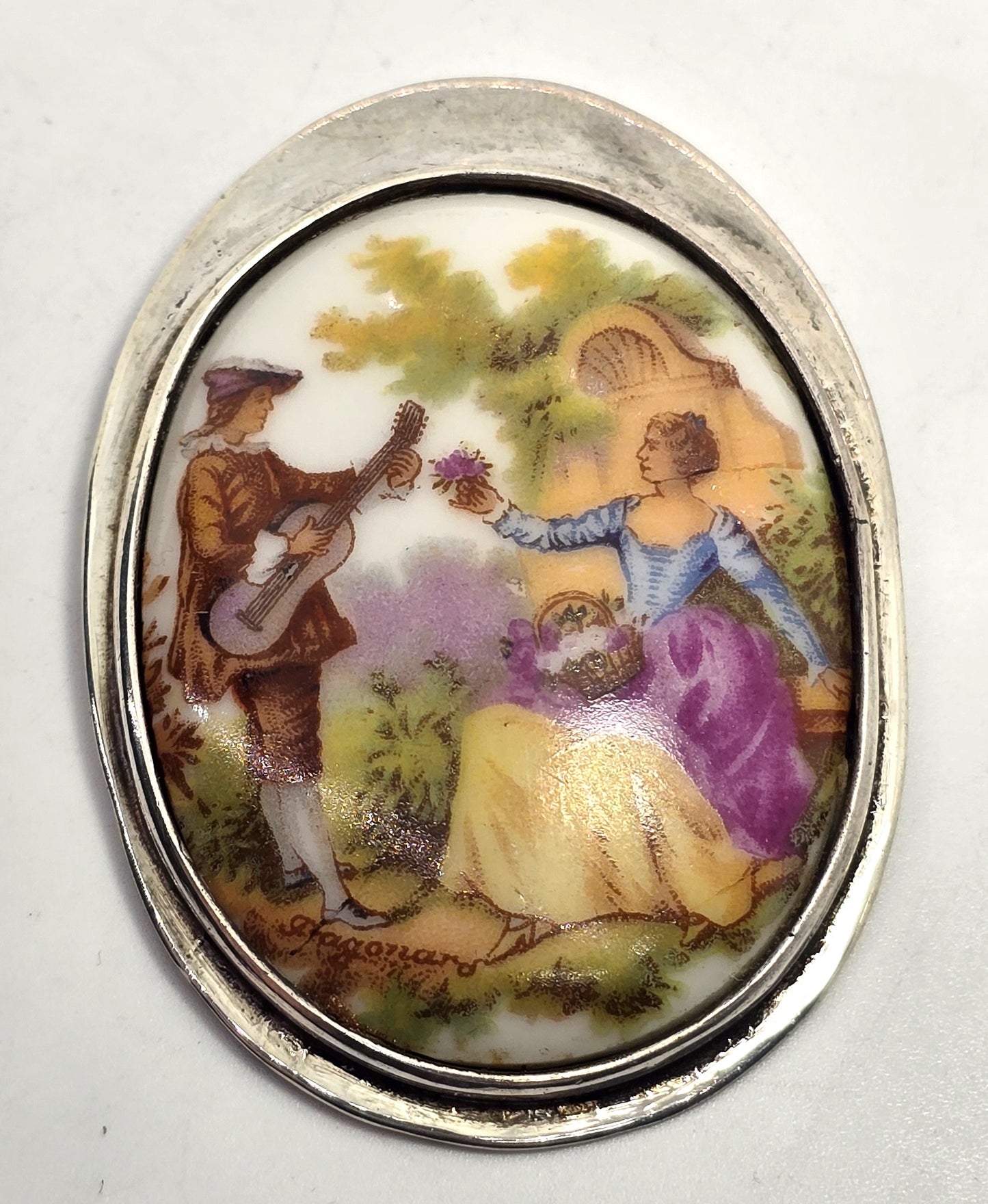 Limoges Made in France Porcelain Courting Couple antique sterling silver pendant
