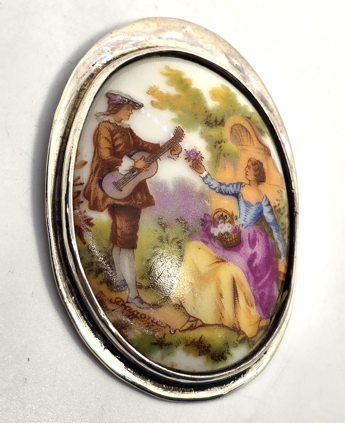 Limoges Made in France Porcelain Courting Couple antique sterling silver pendant