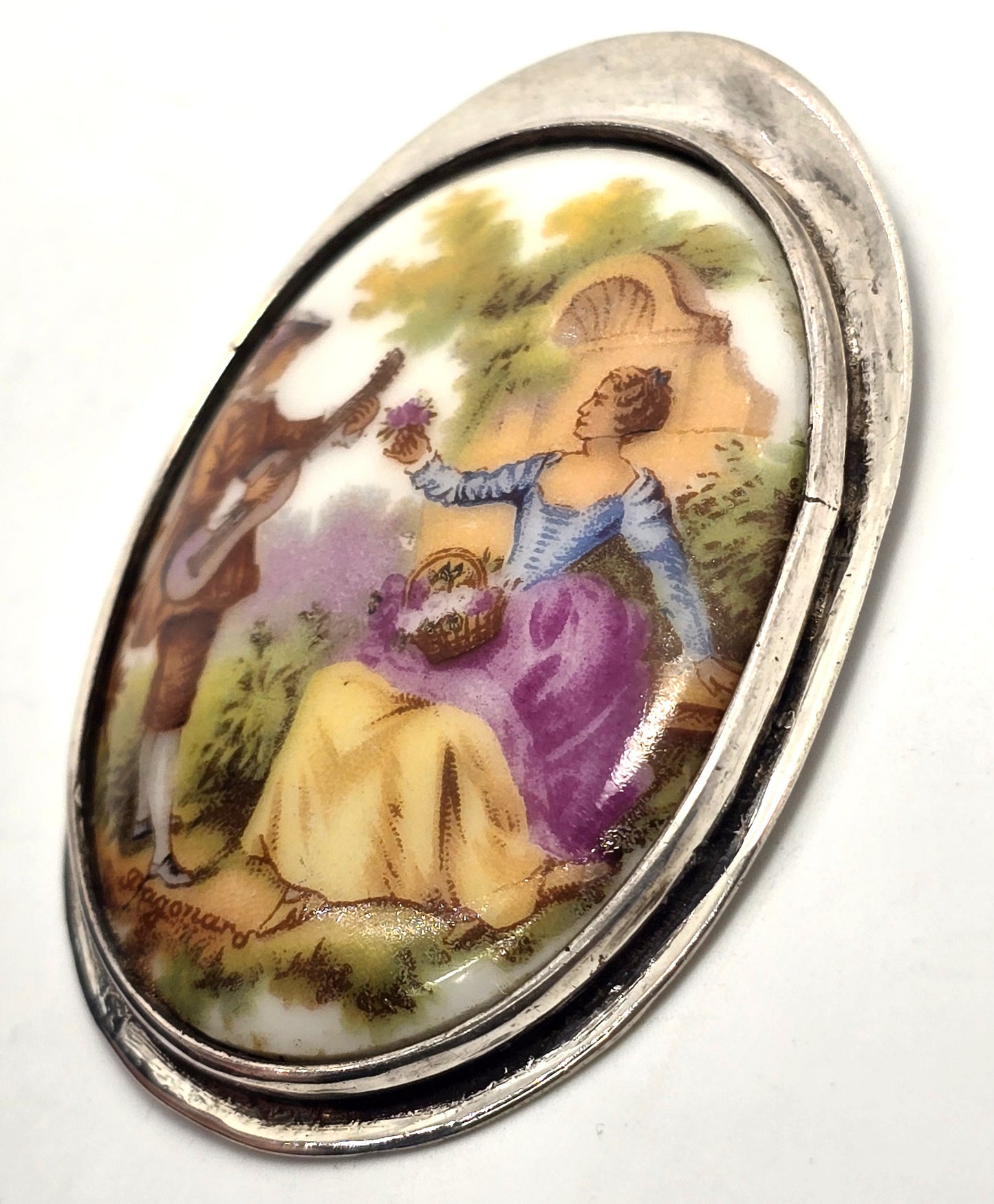 Limoges Made in France Porcelain Courting Couple antique sterling silver pendant