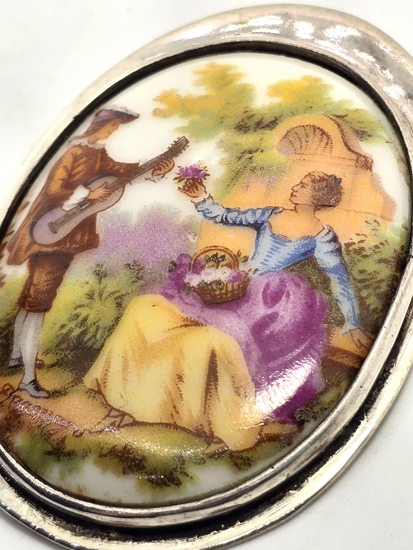 Limoges Made in France Porcelain Courting Couple antique sterling silver pendant