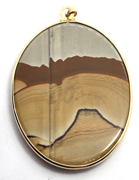 Scenic Landscape jasper vintage large gemstone 12k yellow gold filled pendant