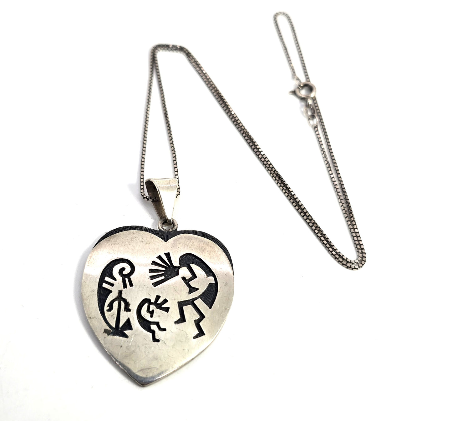 Dancing Kokopelli Vintage Native American Sterling Silver heart pendant necklace