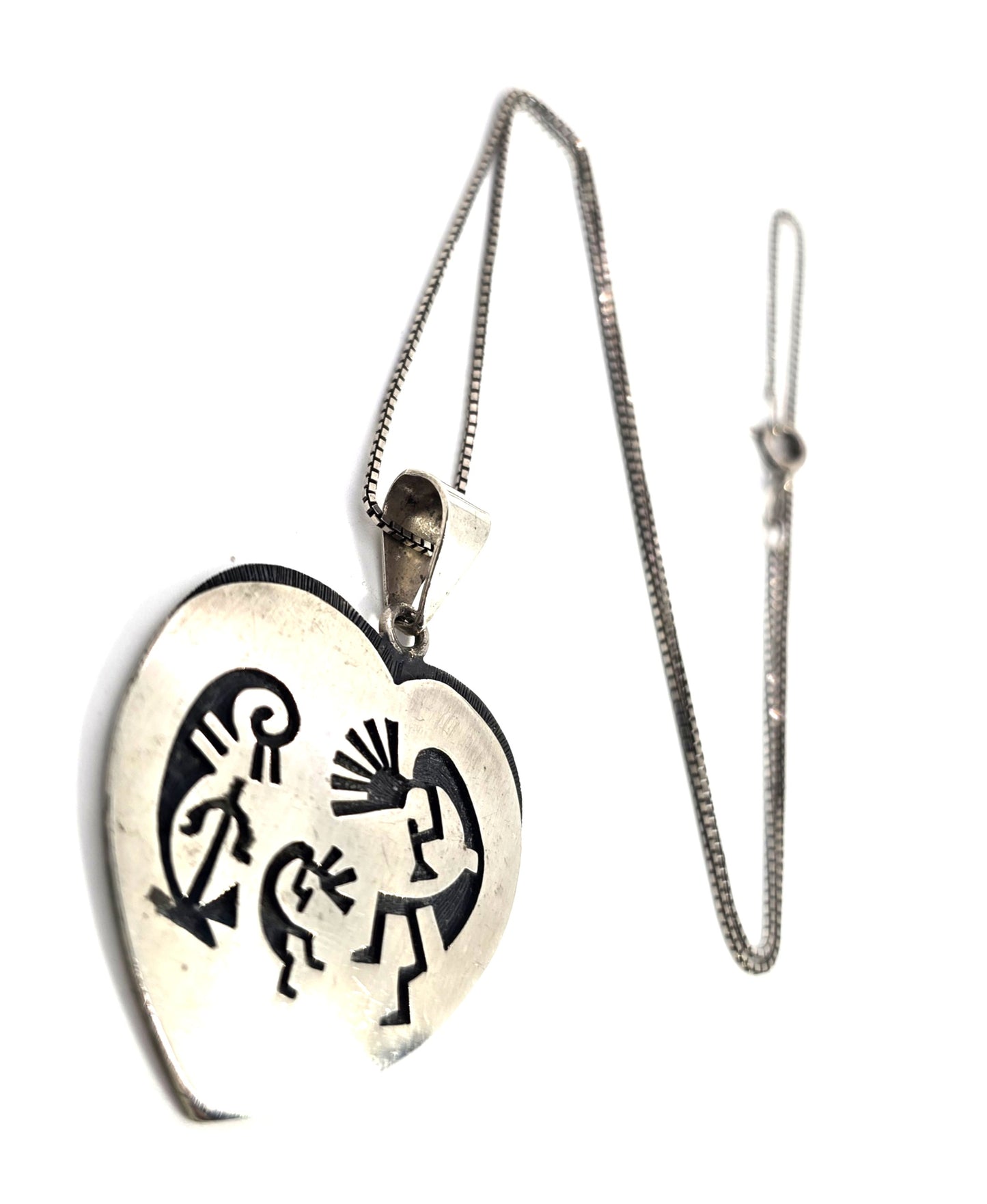 Dancing Kokopelli Vintage Native American Sterling Silver heart pendant necklace
