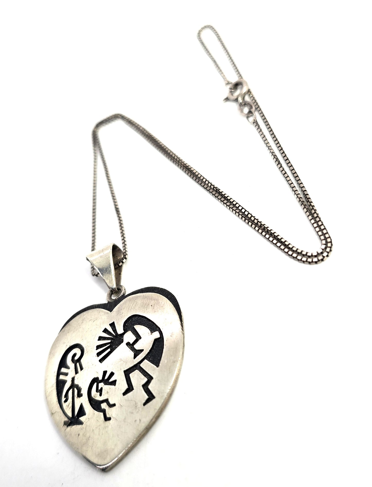 Dancing Kokopelli Vintage Native American Sterling Silver heart pendant necklace