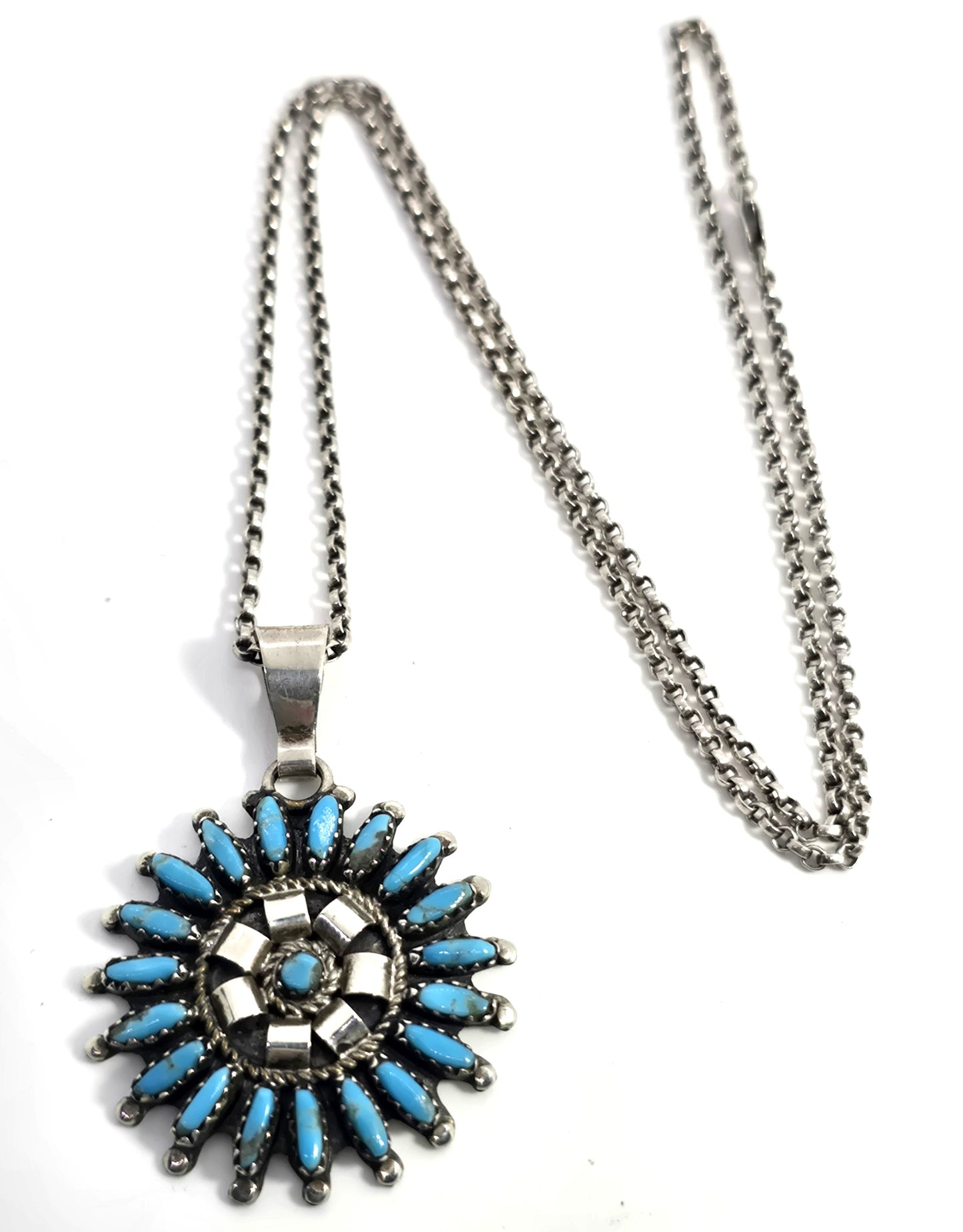 Rosemary Tom Nez Native American Zuni petite needle point turquoise sterling necklace