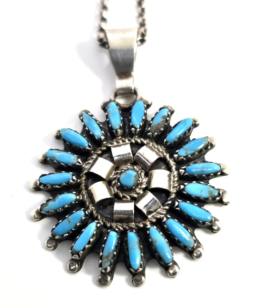 Rosemary Tom Nez Native American Zuni petite needle point turquoise sterling necklace