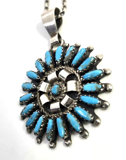 Rosemary Tom Nez Native American Zuni petite needle point turquoise sterling necklace