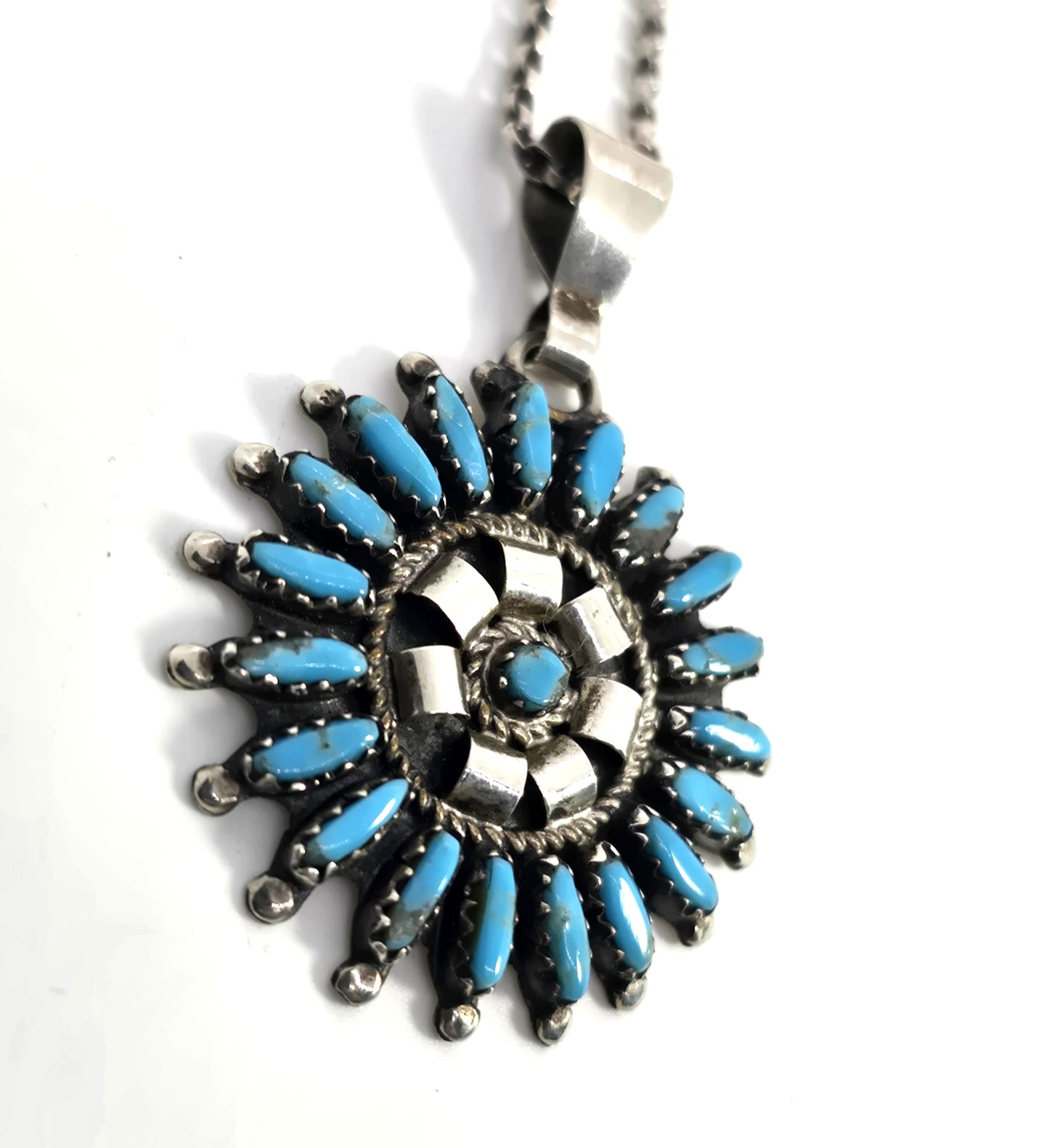 Rosemary Tom Nez Native American Zuni petite needle point turquoise sterling necklace