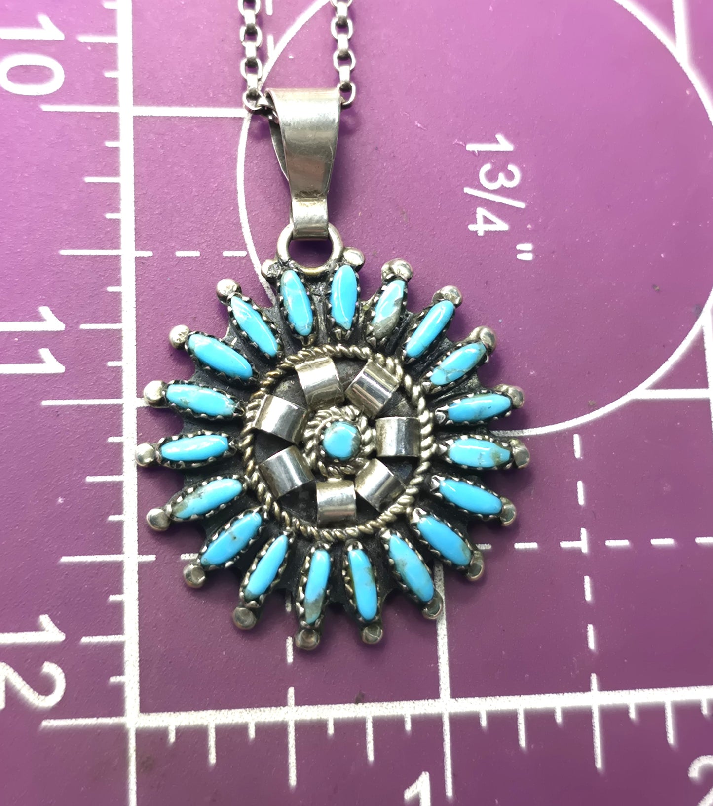 Rosemary Tom Nez Native American Zuni petite needle point turquoise sterling necklace