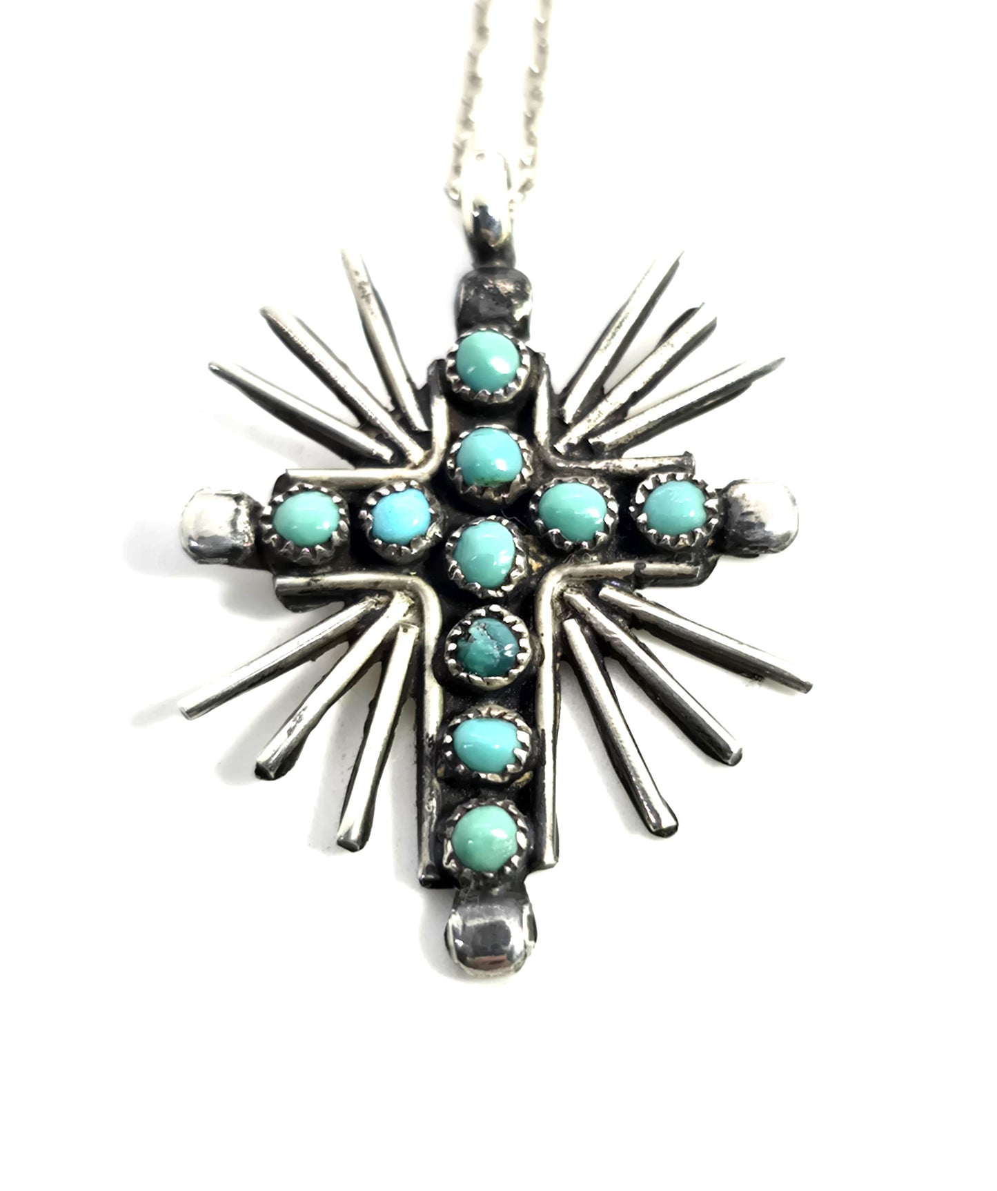 Native American Zuni petite point sterling silver vintage starburst cross necklace