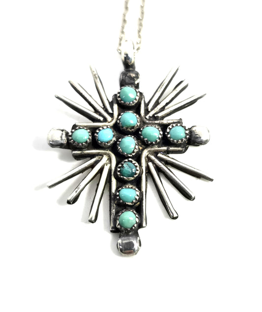 Native American Zuni petite point sterling silver vintage starburst cross necklace