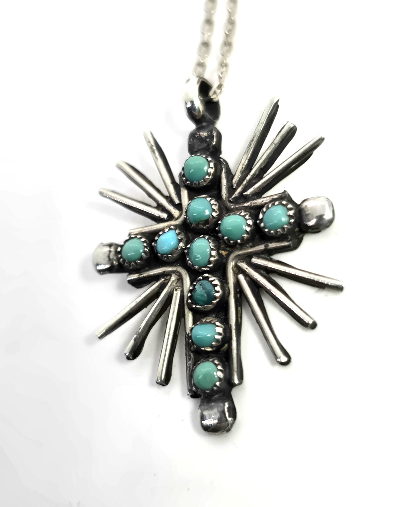 Native American Zuni petite point sterling silver vintage starburst cross necklace