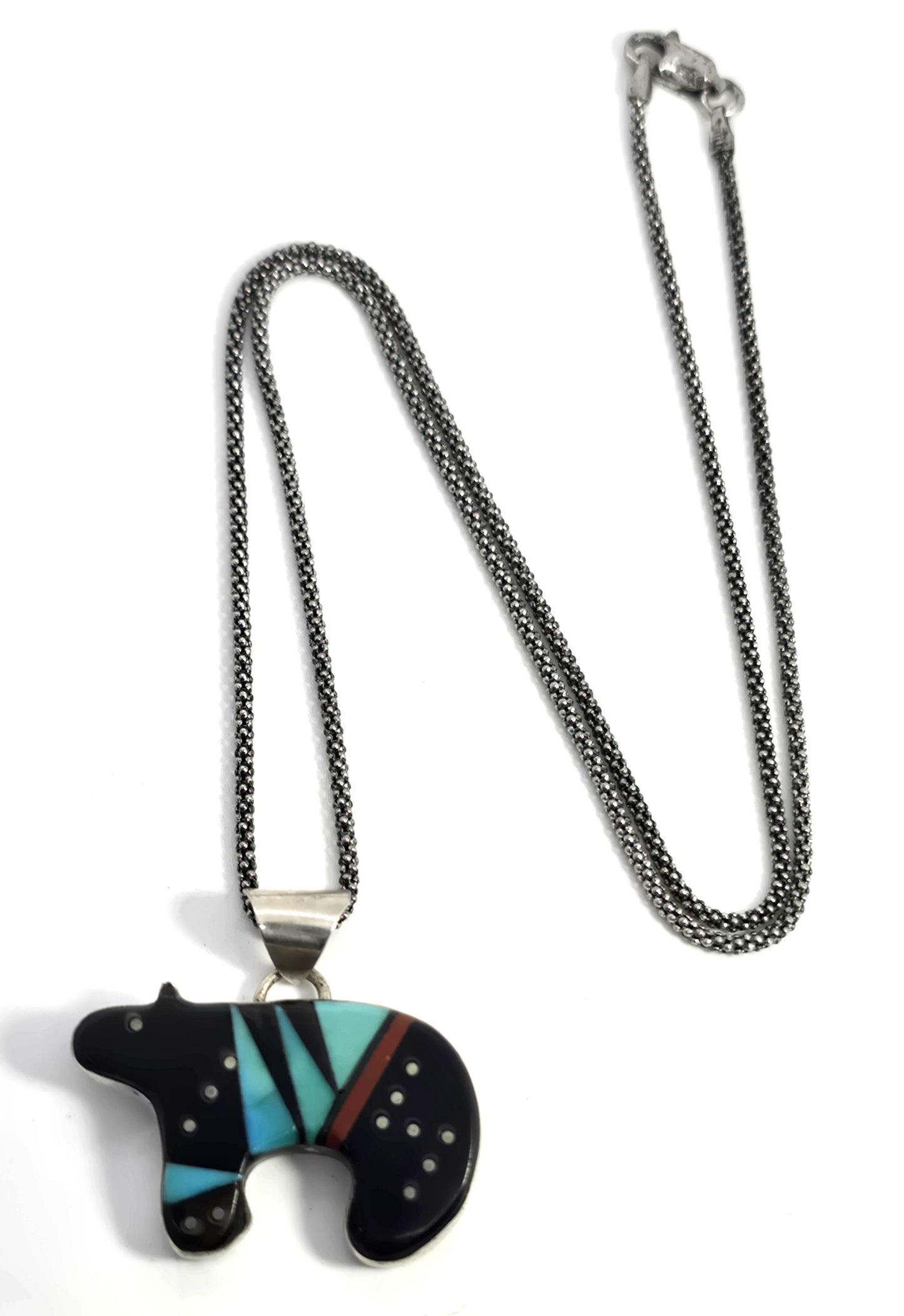 Grace Smith Navajo bear multi gemstone inlay sterling silver vintage pendant necklace
