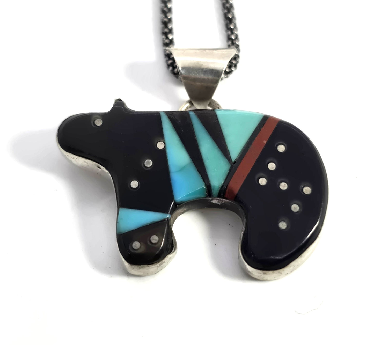Grace Smith Navajo bear multi gemstone inlay sterling silver vintage pendant necklace