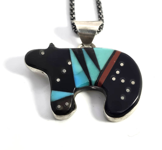 Grace Smith Navajo bear multi gemstone inlay sterling silver vintage pendant necklace