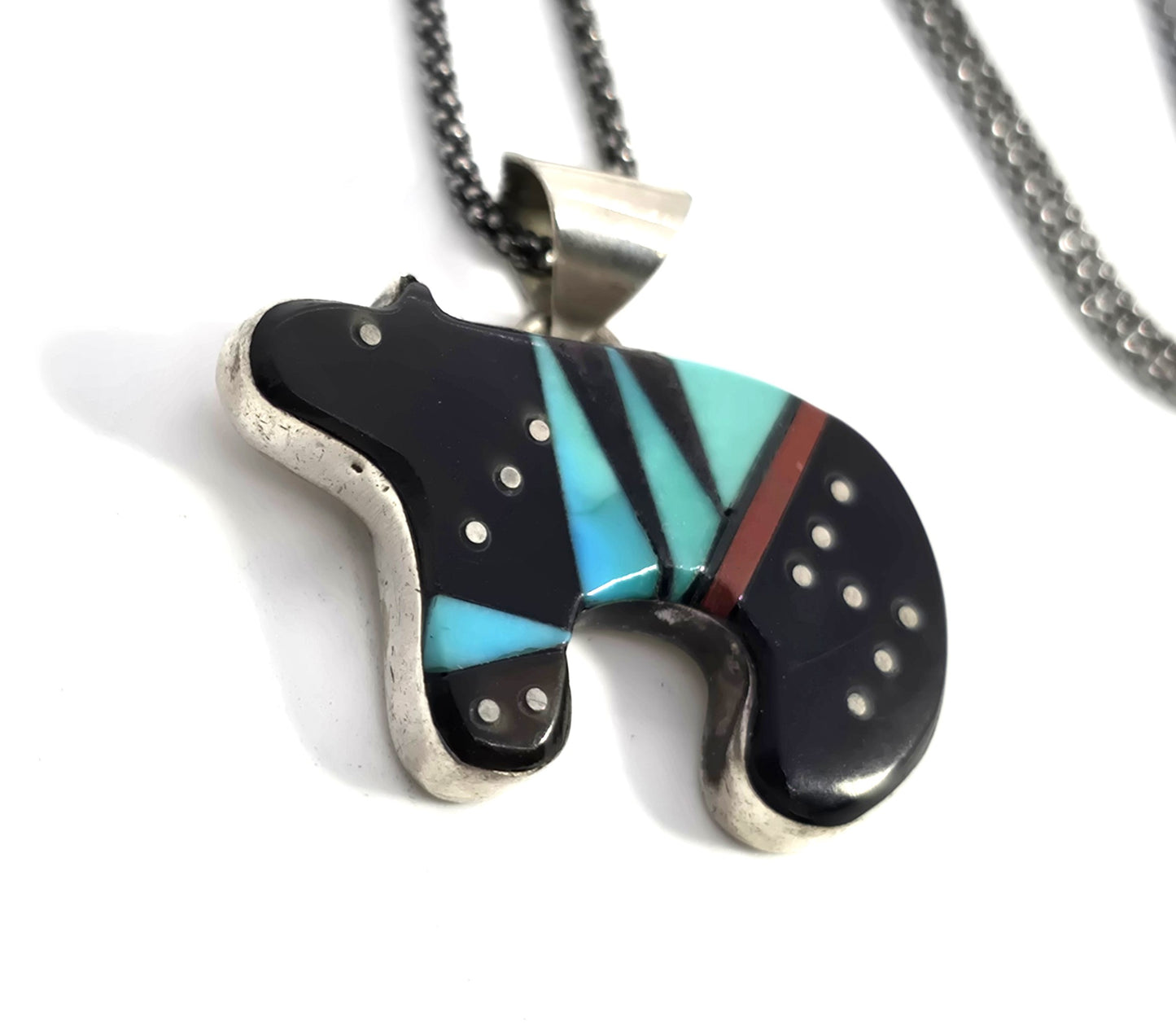 Grace Smith Navajo bear multi gemstone inlay sterling silver vintage pendant necklace