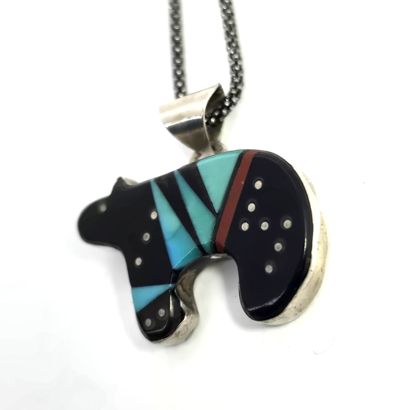 Grace Smith Navajo bear multi gemstone inlay sterling silver vintage pendant necklace