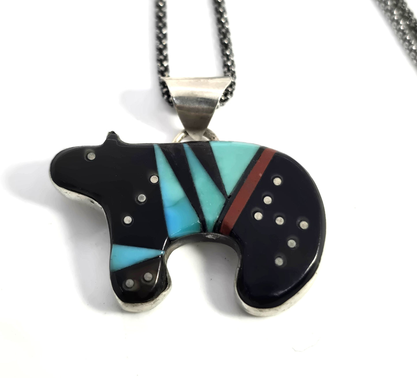 Grace Smith Navajo bear multi gemstone inlay sterling silver vintage pendant necklace