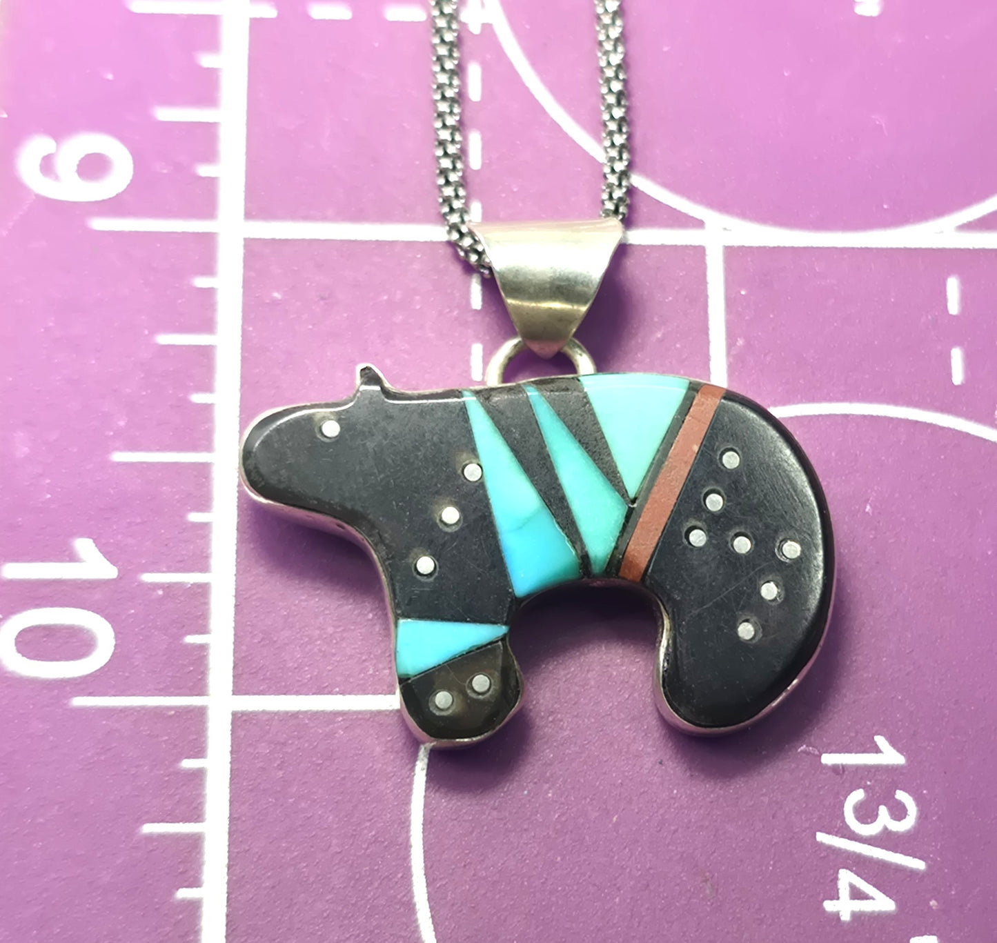 Grace Smith Navajo bear multi gemstone inlay sterling silver vintage pendant necklace