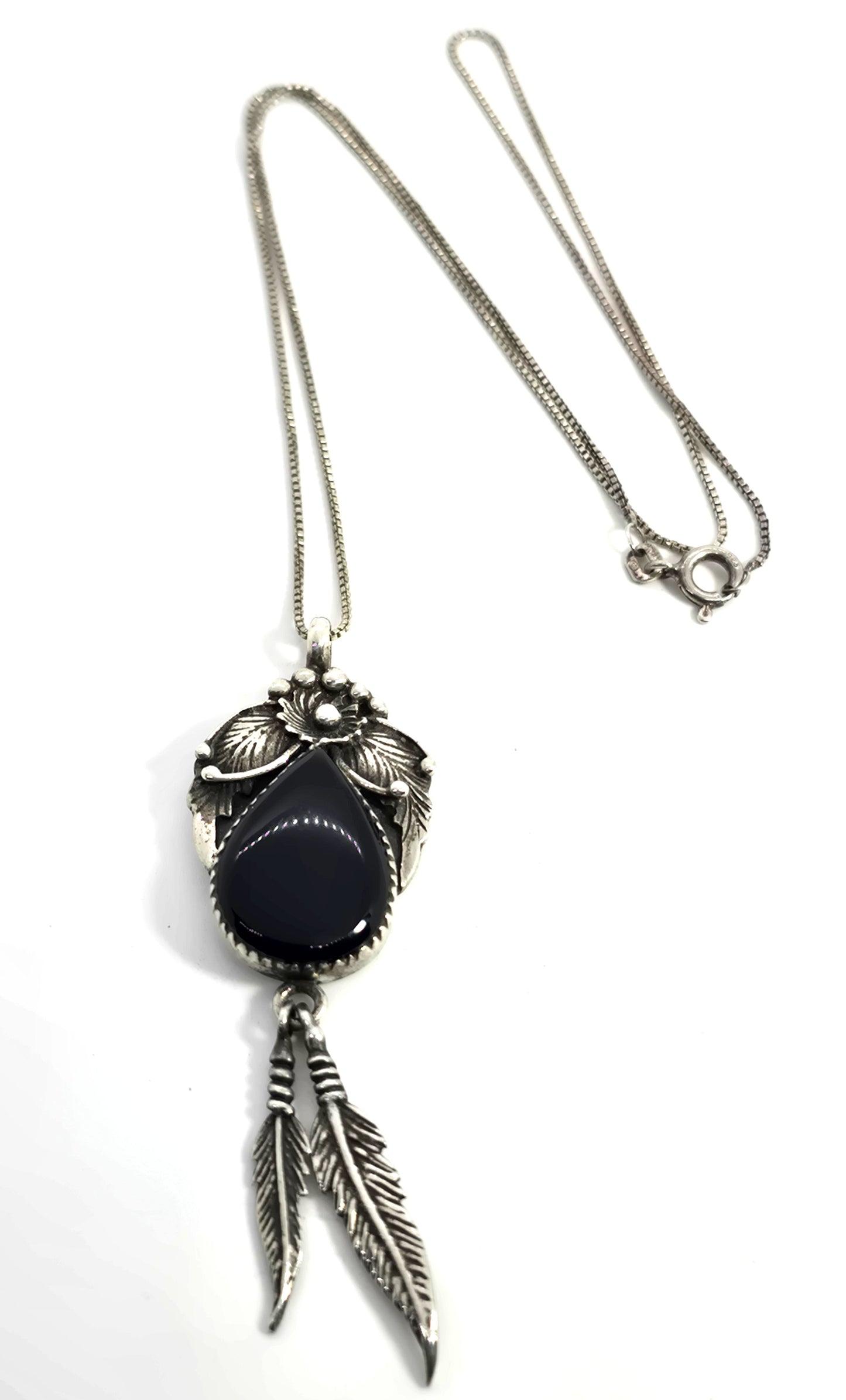 Black Onyx Feather sterling silver Native American flower vintage necklace
