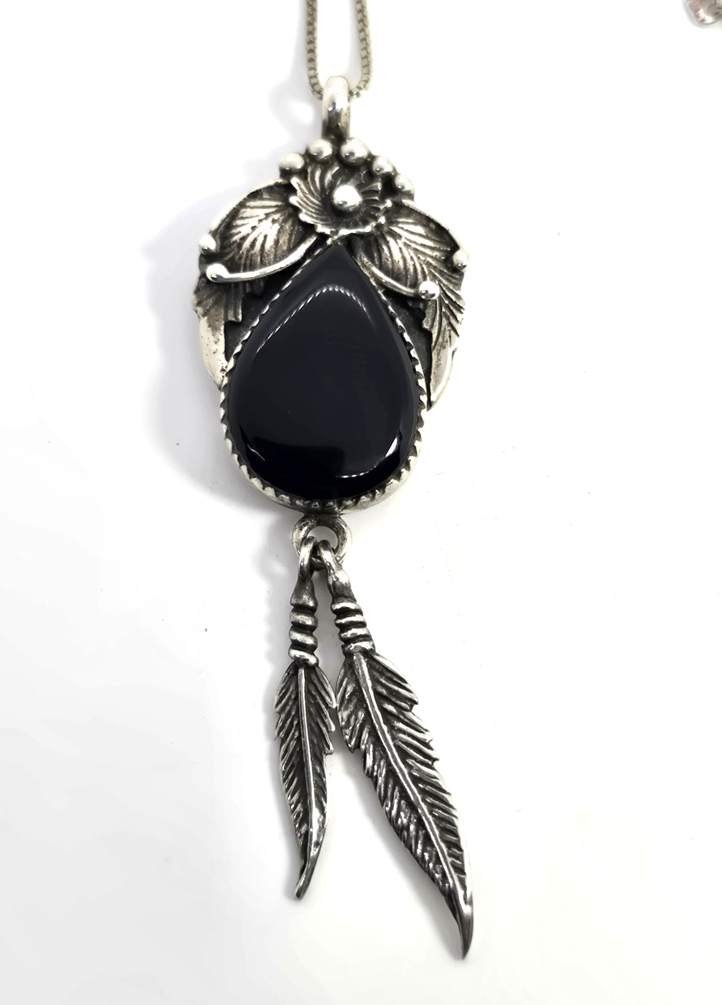Black Onyx Feather sterling silver Native American flower vintage necklace