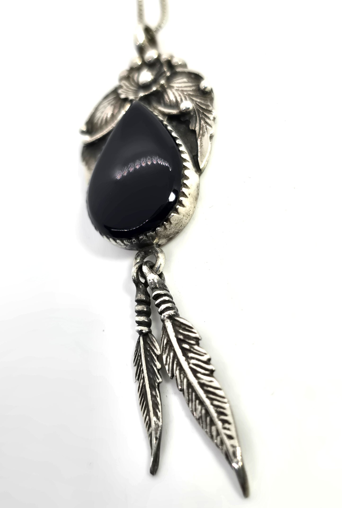 Black Onyx Feather sterling silver Native American flower vintage necklace