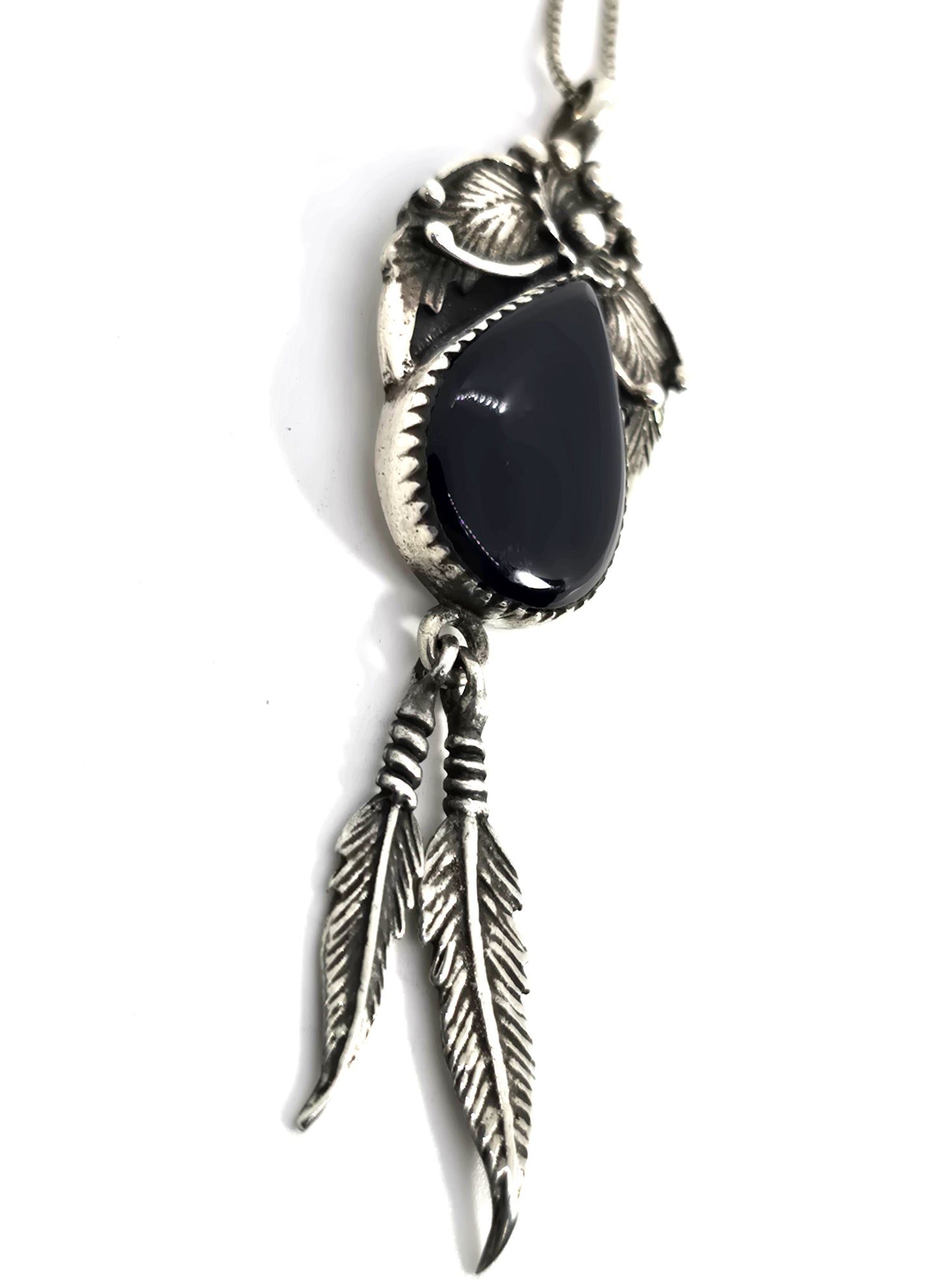 Black Onyx Feather sterling silver Native American flower vintage necklace